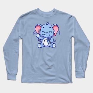 Cute Elephant Listening Music With Earphone Cartoon Long Sleeve T-Shirt